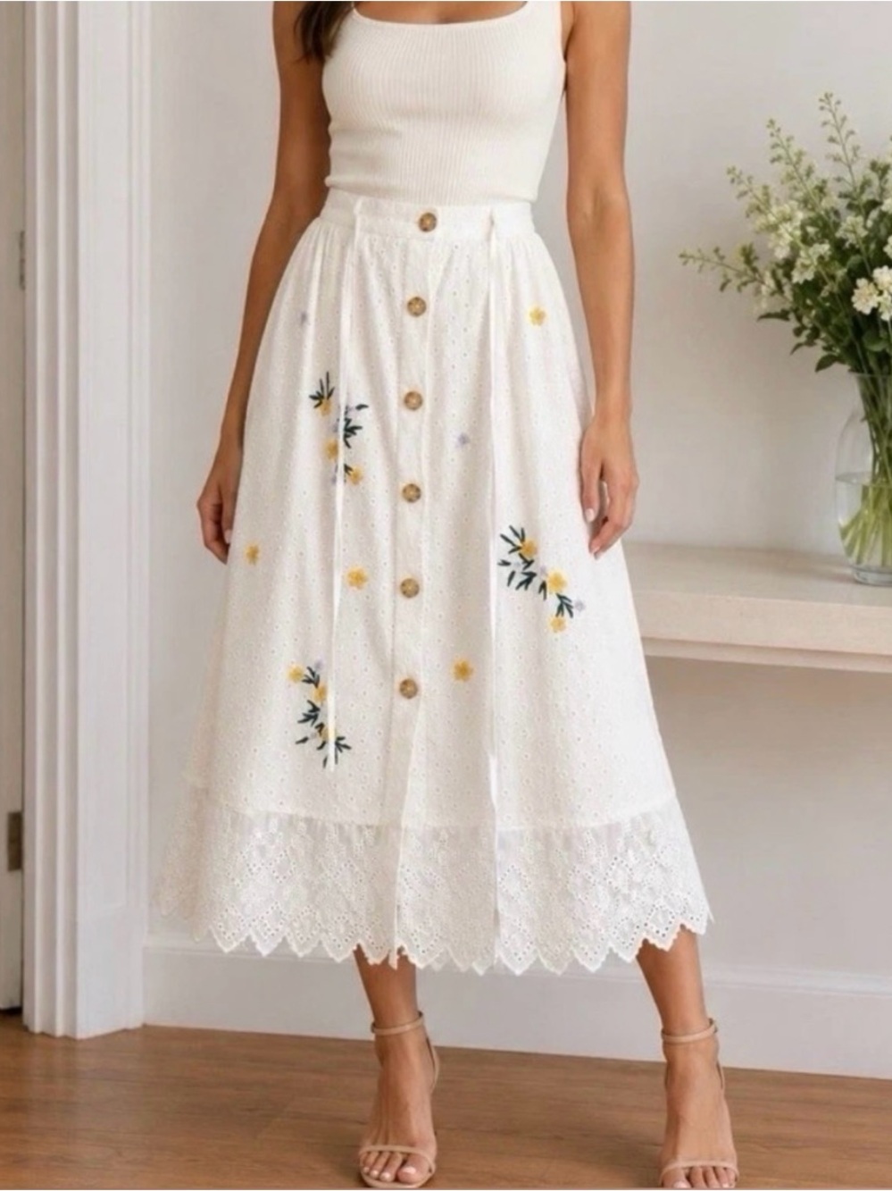 French Connection embroidered eyelet midi skirt floral embroidery romantic boho.